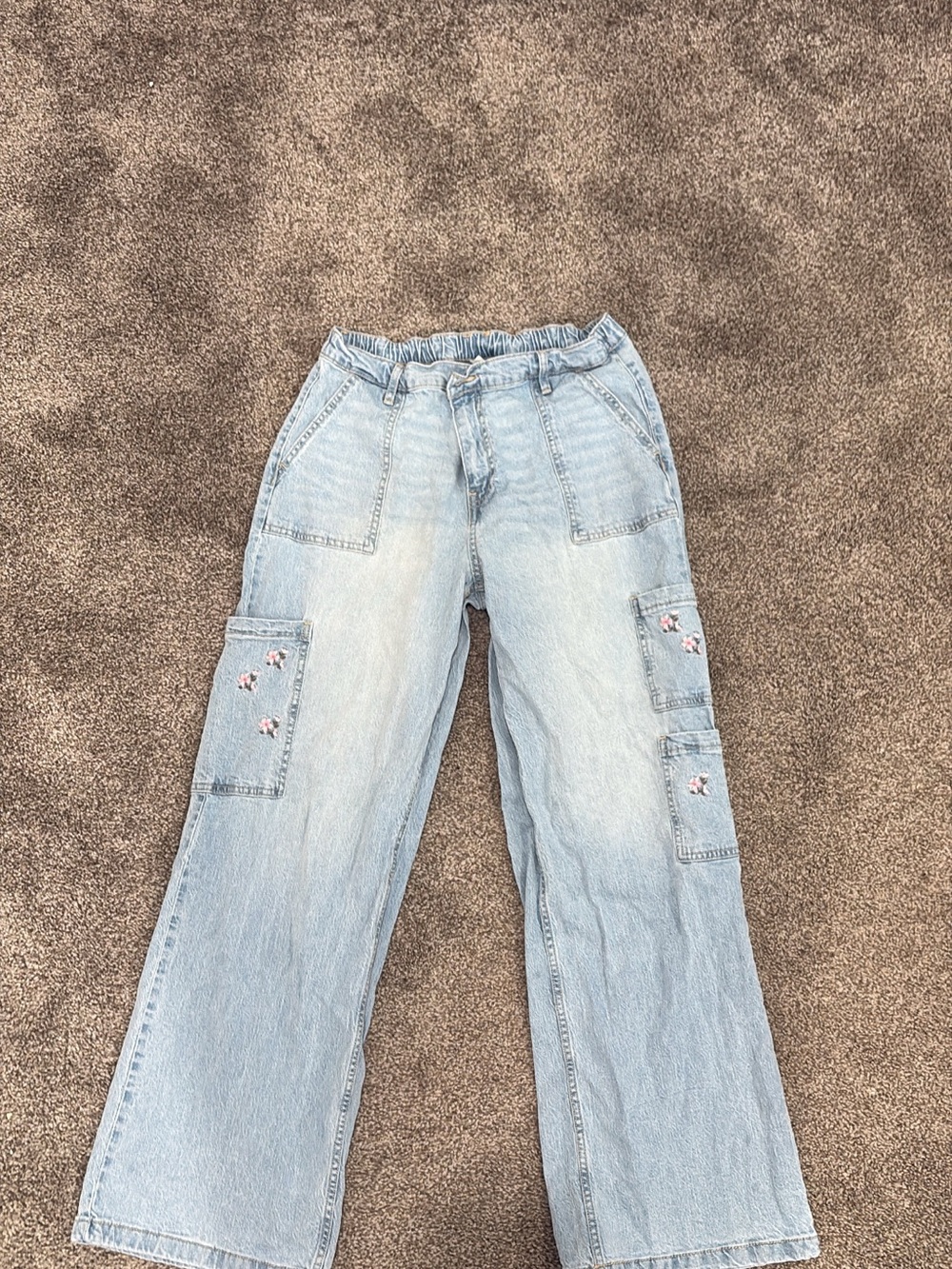 Light Wash Blue Cargo Jeans with Floral Embroidery